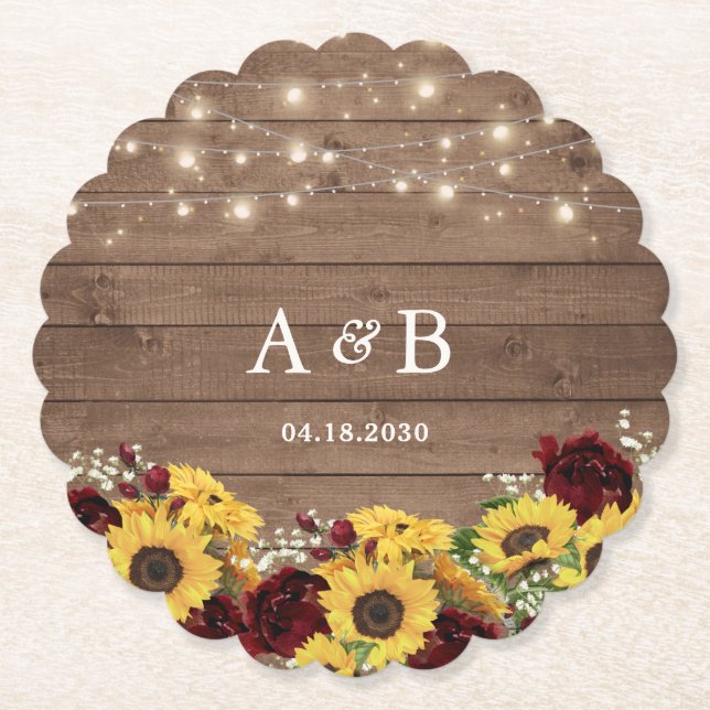 Rustic Wood Sunflowers String Lights Wedding Paper Coaster (Front)