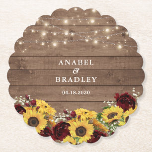 Rustic Wood Sunflowers String Lights Wedding Paper Coaster