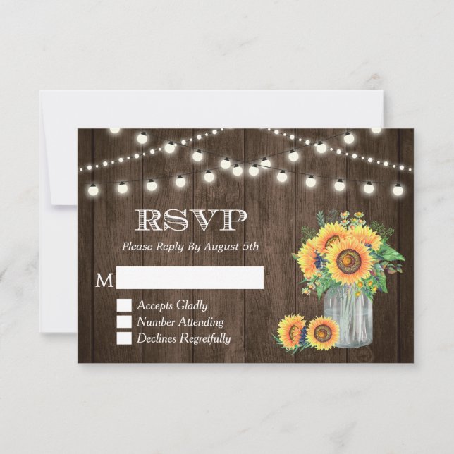 Rustic Wood Sunflowers String Lights Wedding RSVP Card (Front)