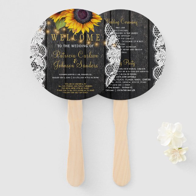 Rustic wood sunflowers white lace wedding ceremony hand fan (Front and Back)