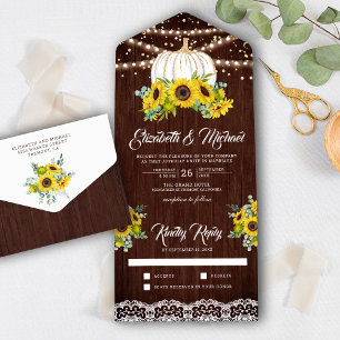 Rustic Wood Sunflowers White Pumpkin Wedding All In One Invitation