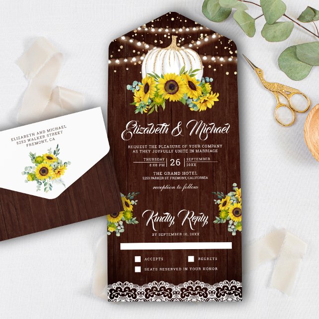 Rustic Wood Sunflowers White Pumpkin Wedding All In One Invitation (Creator Uploaded)