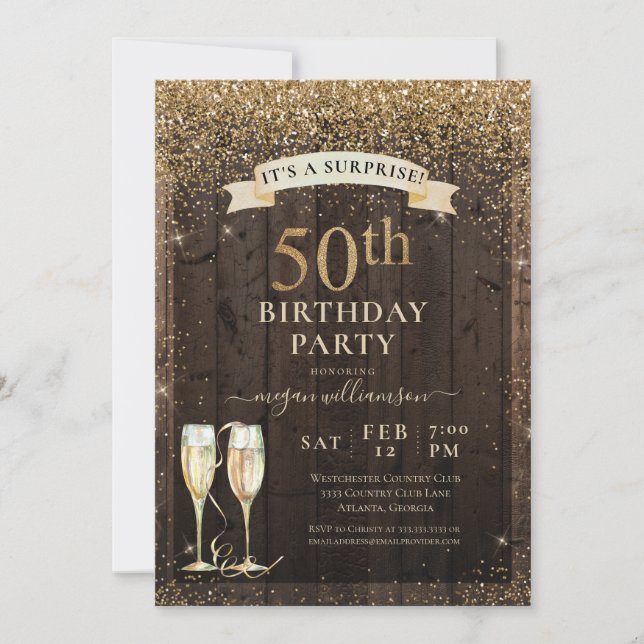 Rustic Wood Surprise 50th Gold Glitter Birthday Invitation (Front)
