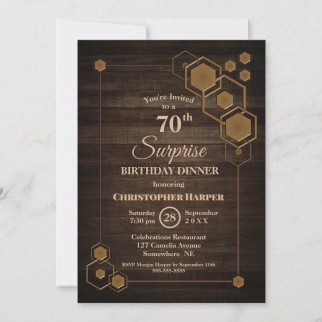 Rustic Wood Surprise 70th Birthday Dinner Party Invitation (Front)