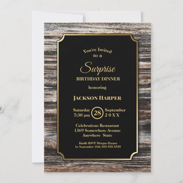 Rustic Wood Surprise Birthday Dinner Invitation (Front)