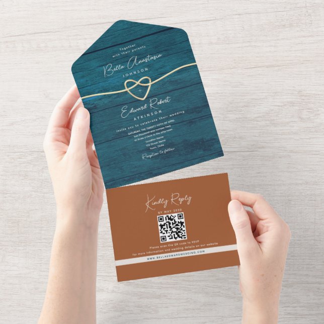 Rustic Wood Teal and Terracotta Wedding  All In One Invitation (Tearaway)