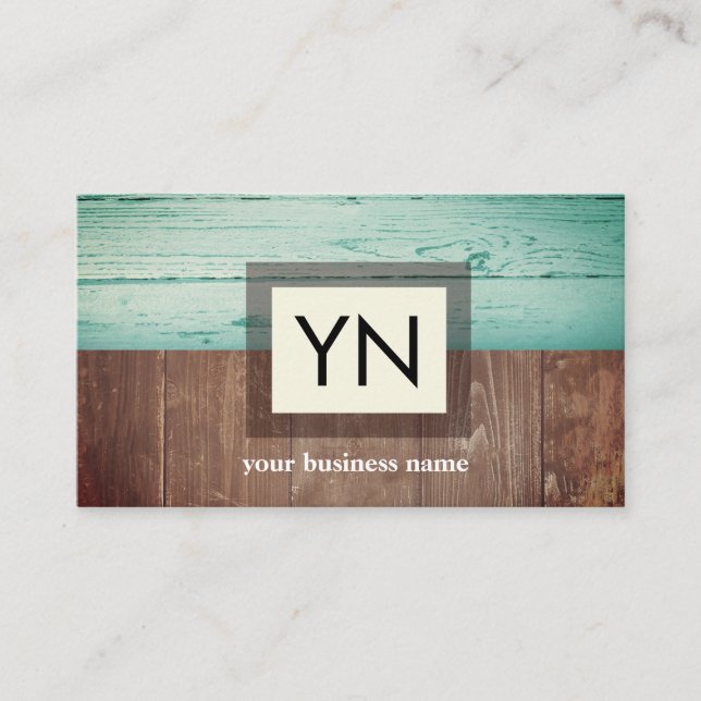 rustic, wood, teal background business card (Front)