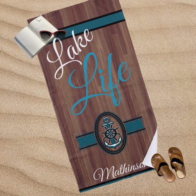 Rustic Wood Teal Blue Lake Life monogrammed  Beach Towel (Creator Uploaded)