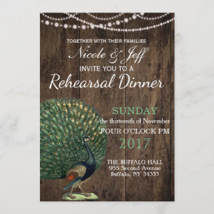 Rustic Wood Teal Feather Peacock Wedding Invitation