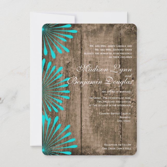 Rustic Wood Teal Flowers Wedding Invitations (Front)