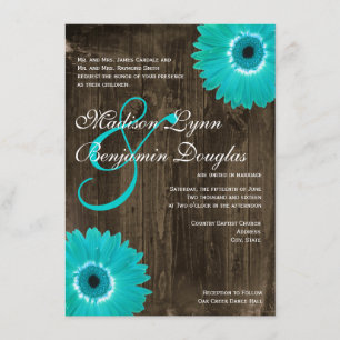 Rustic Wood Teal Gerber Daisy Wedding Invitations