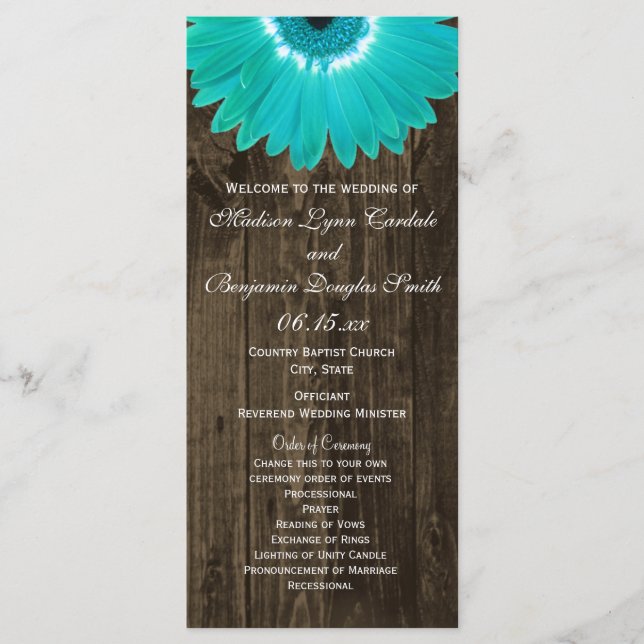 Rustic Wood Teal Gerber Daisy Wedding Programs 2 Programme (Front)
