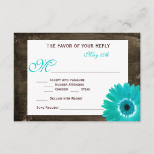 Rustic Wood Teal Gerber Daisy Wedding RSVP Cards