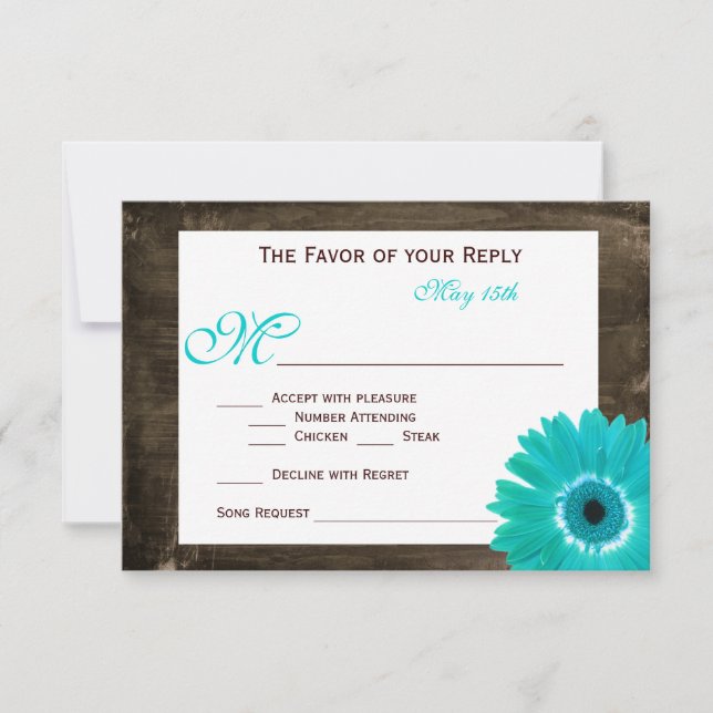 Rustic Wood Teal Gerber Daisy Wedding RSVP Cards (Front)