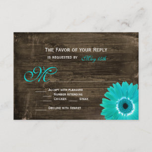 Rustic Wood Teal Gerber Daisy Wedding RSVP Cards