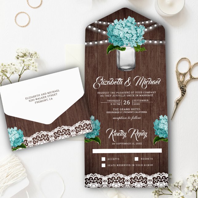 Rustic Wood Teal Hydrangea Mason Jar Wedding All In One Invitation (Creator Uploaded)