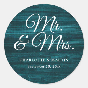 Rustic Wood Teal Mr and Mrs Wedding Classic Round Sticker