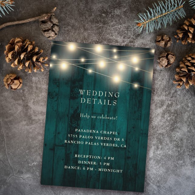Rustic Wood Teal String Lights Wedding Reception Enclosure Card (Creator Uploaded)