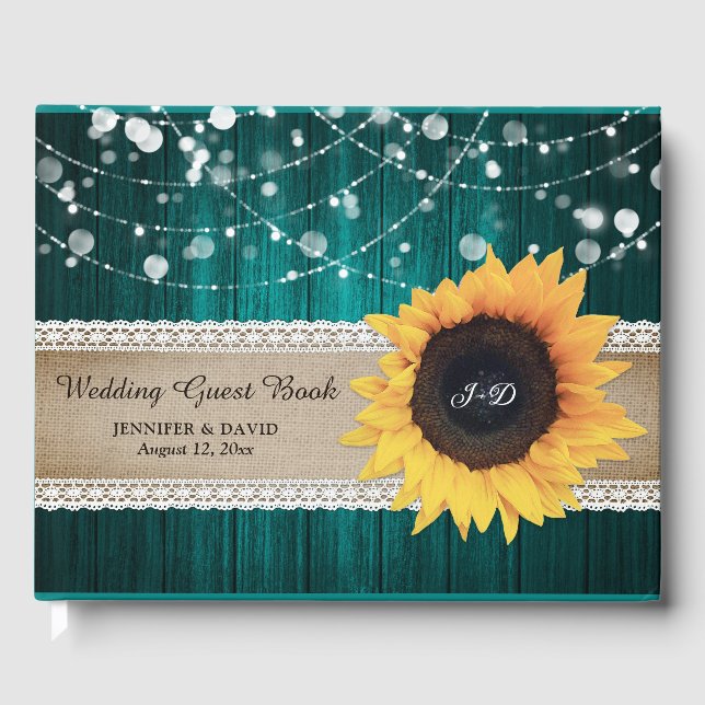 Rustic Wood Teal Sunflower Wedding Guest Book (Front)