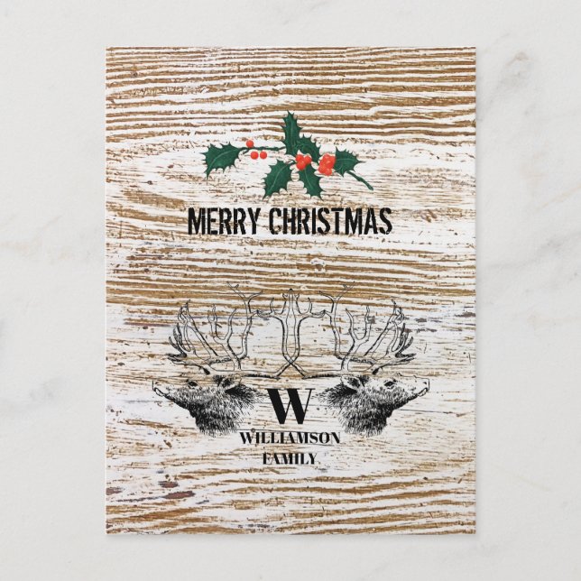 Rustic Wood Texture Deer Woodland Cabin Christmas  Holiday Postcard (Front)