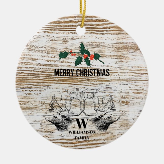 Rustic Wood Texture Deer Woodland Christmas Ceramic Tree Decoration (Front)