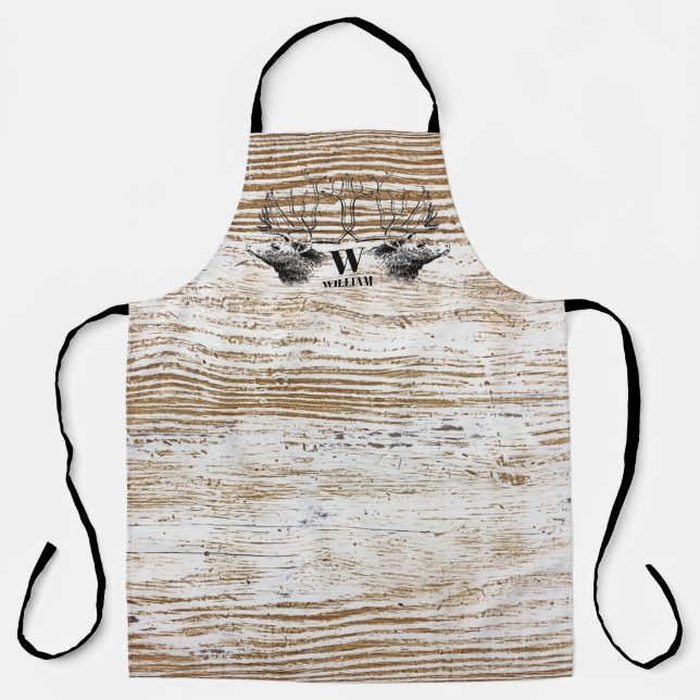 Rustic Wood Texture Deer Woodland Monogram  Apron (Front)