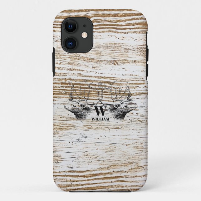 Rustic Wood Texture Deer Woodland Monogram  Case-Mate iPhone Case (Back)