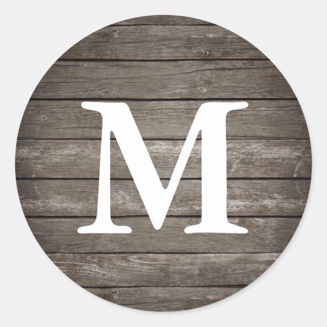 Rustic Wood Texture Monogram Classic Round Sticker (Front)