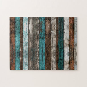 Rustic Wood Texture Teal and Brown Boards Jigsaw Puzzle
