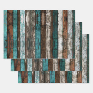 Rustic Wood Texture Teal and Brown Decoupage Wrapping Paper Sheet