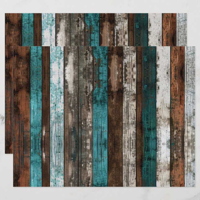 Rustic Wood Texture Teal and Brown Scrapbook Paper (Front/Back)
