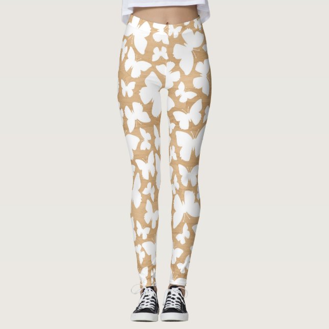 Rustic Wood Texture with Butterfly Pattern Leggings (Front)
