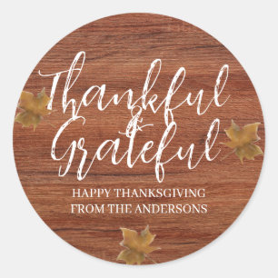 Rustic Wood Thankful Grateful thanksgiving family Classic Round Sticker