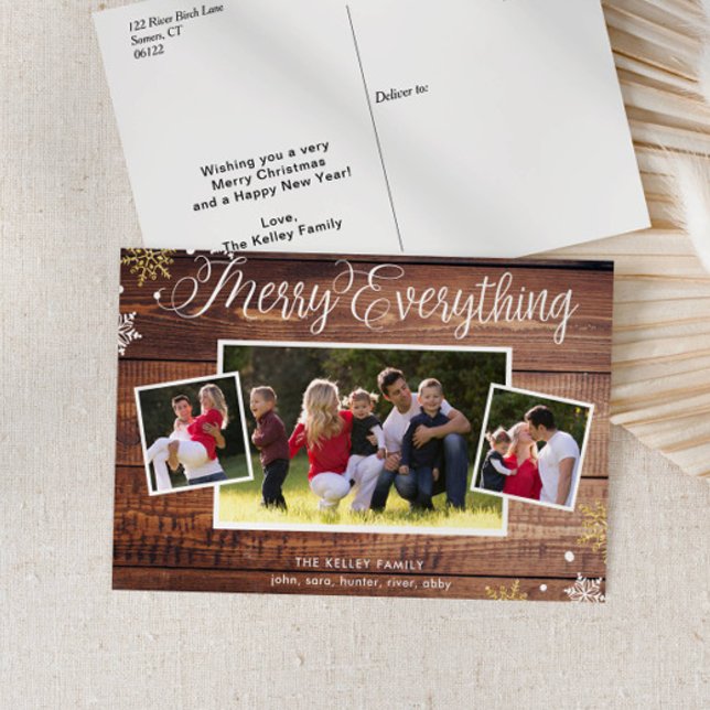 Rustic Wood Three Photo Holiday Postcard (Creator Uploaded)