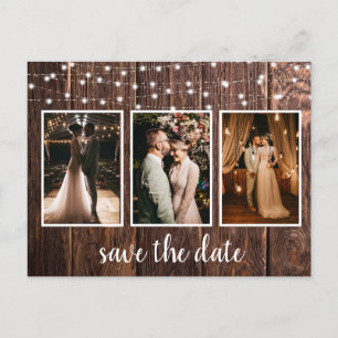 Rustic Wood Three Photo Lights Save the Date  Postcard