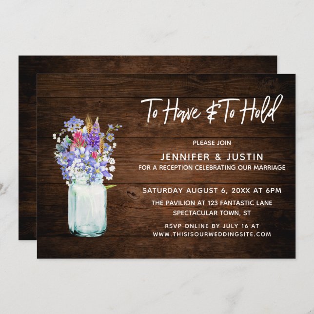 Rustic Wood To Have & To Hold Wildflower Mason Jar Invitation (Front/Back)