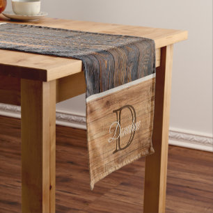 Rustic Wood Tone Brown Stripe Monogram Short Table Short Table Runner