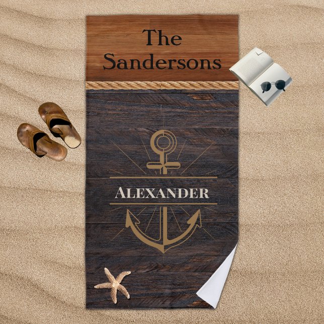 Rustic Wood Tone Coastal Anchor Nautical Monogram  Beach Towel (Creator Uploaded)