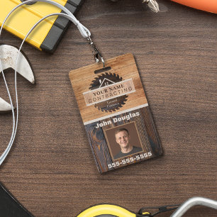 Rustic Wood Tone Contractor Logo ID Badge