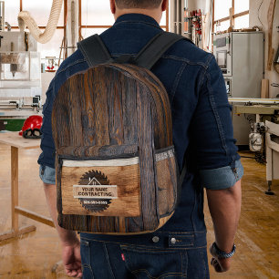 Rustic Wood Tone Contractor Logo Printed Backpack