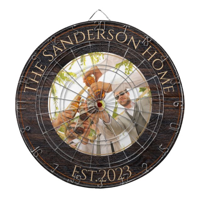 Rustic Wood Tone Family Name Photo Dart Board (Front)