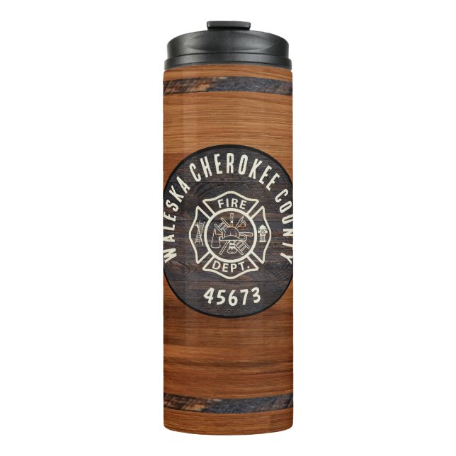 Rustic Wood tone fireman emblem  Thermal Tumbler (Front)