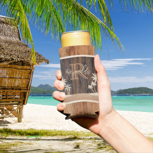 Rustic Wood Tone Monogram Beach Seltzer Can Cooler