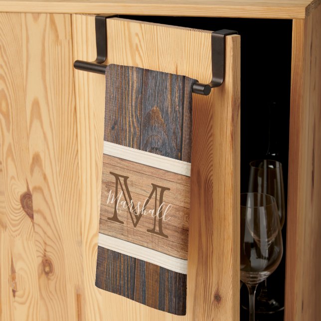 Rustic Wood Tone Monogram Horizontal Stripe Tea Towel (Thirds Fold)