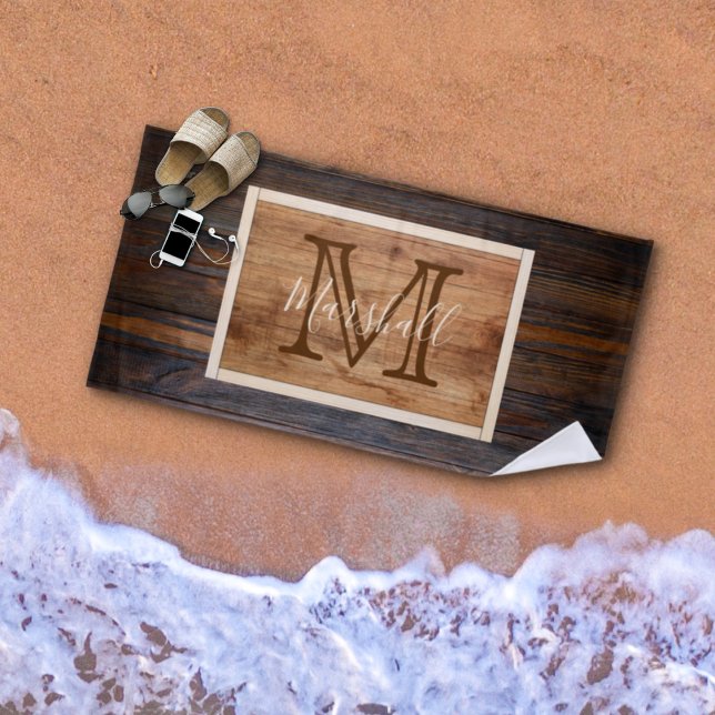 Rustic Wood Tone Monogram Rectangle Beach Towel (Creator Uploaded)