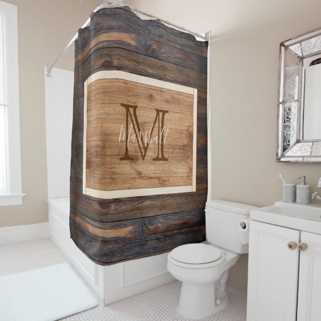Rustic Wood Tone Monogram Rectangle Shower Curtain (In Situ)