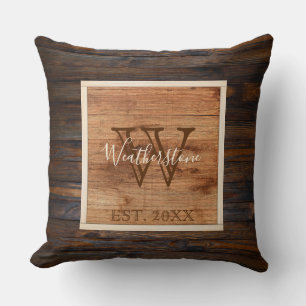 Rustic Wood Tone Monogram Square Design Cushion