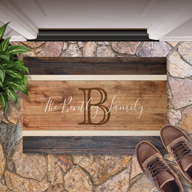 Rustic Wood tone Monogram Stripe Design Doormat (Creator Uploaded)