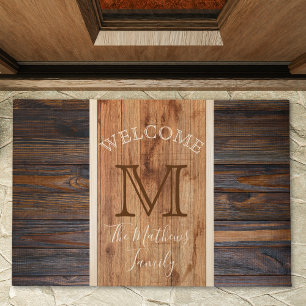 Rustic Wood Tone Monogram Stripe Design Doormat