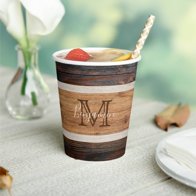 Rustic Wood Tone Monogram Stripe Paper Cups (Insitu)